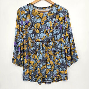 LOGO Lori Goldstein Blue Yellow Floral Flowy Top Comfy Chic Cottagecore Size M